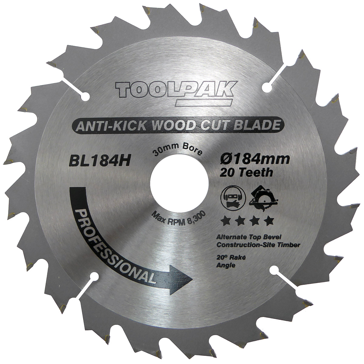 184mm x 30mm x 20T Anti-Kick Wood TCT Saw Blade